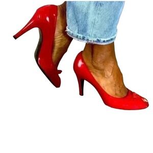Marc Jacobs Red Patent Leather Peep Toe Bow Stiletto Heels Women's Shoes
